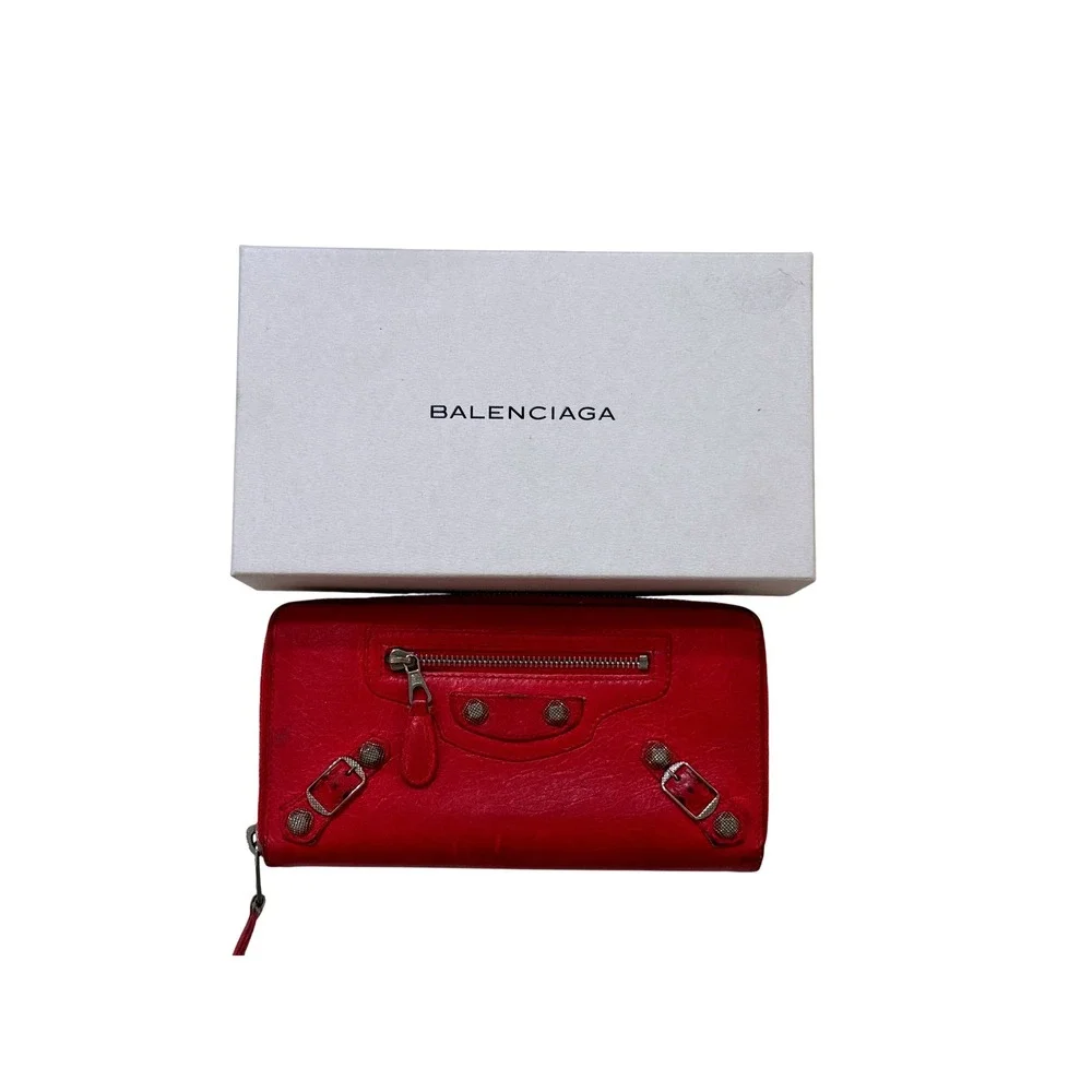 Balenciaga Red Leather City Moto Stud Zip Wallet Y2K Luxury COA Box‎